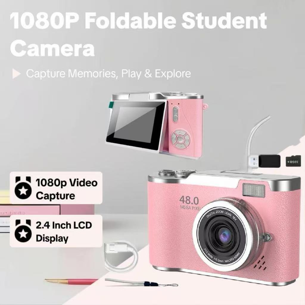 Foldable Screen Student Camera, 1 Count Retro CCD Card Machine, Entry-level 1080P High Built-in Games & Filter Functions Camera, Video, Mini Cameras, Digital Products, Electronic Gift Set, Portable Travel Camera, Portable Pocket Camera
